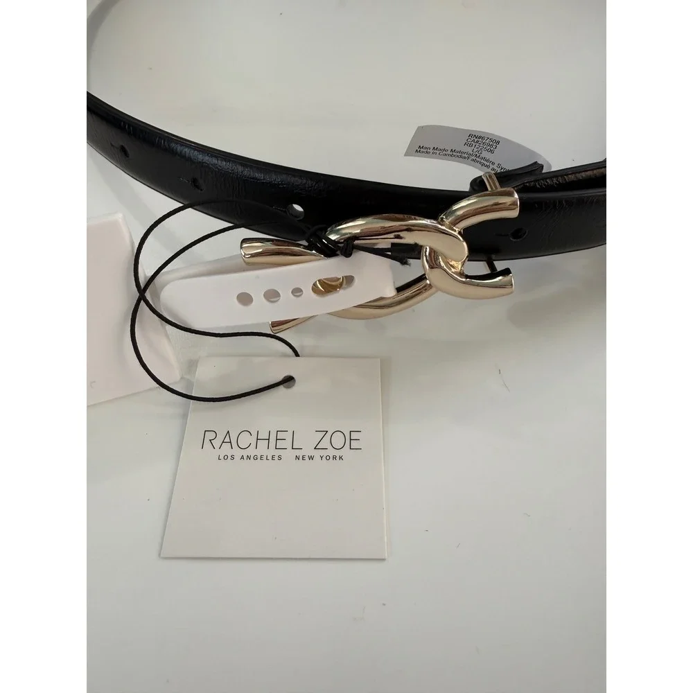 Rachel Zoe Black Leather Belt High Shine Gold Interlocking Chain Link L‎ NWT